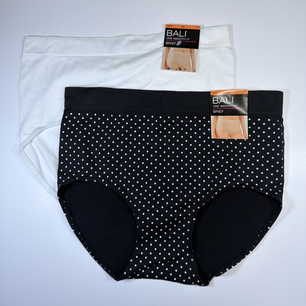 Bali One Smooth U Brief Panty L/7 Black White 2361 Underwear 2 Pair NEW